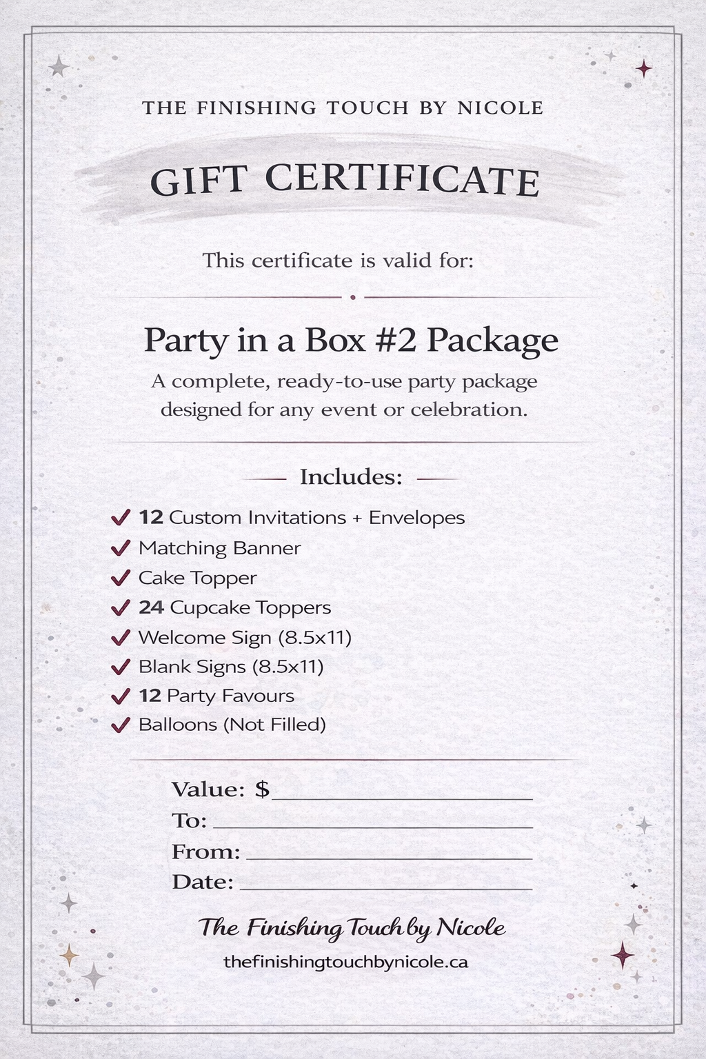 Party in a box # 2 certificate